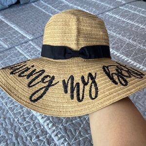 Woven “living my best life” Beach Hat with Black Bow Trim